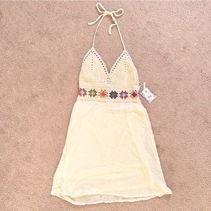 HAND MADE Crochet Beach Dress w/ Floral Details, Cream w/ Colorful Flowers L/XL